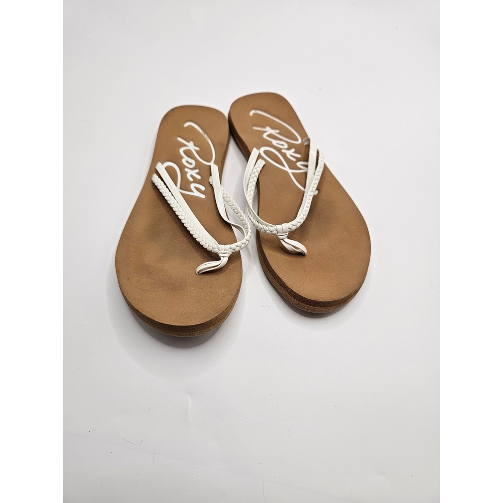 Roxy Womens Braided Strap Flip Flop Sandals White Tan Logo Size 6